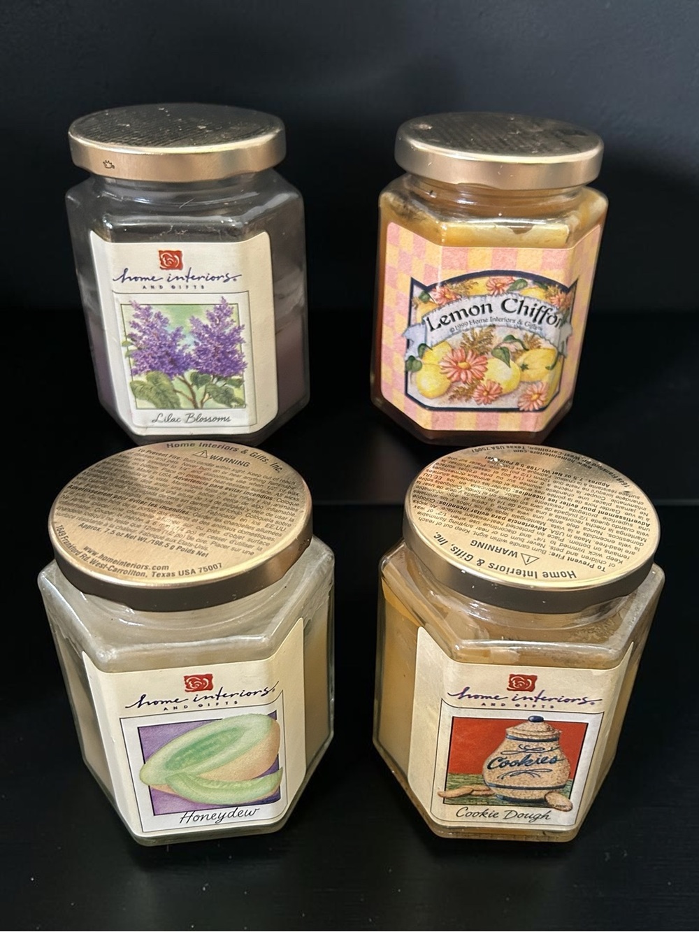 4 Vintage Home Interiors Scented Candle Lilac, Lemon Chiffon Honeydew Cookie